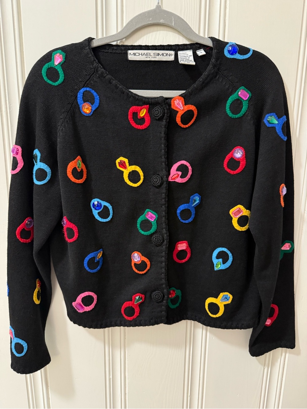Michael Simon Black Knit Cardigan sweater Ring Appliqués small jewels
